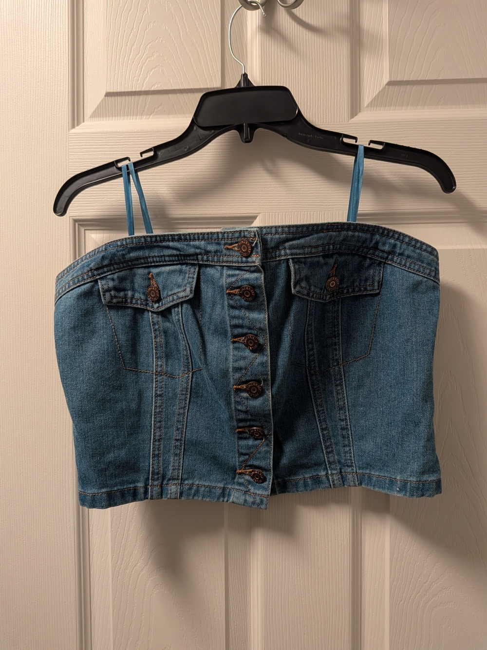 Sincerely Jules Denim Button-Front Strapless Crop Top - Blue